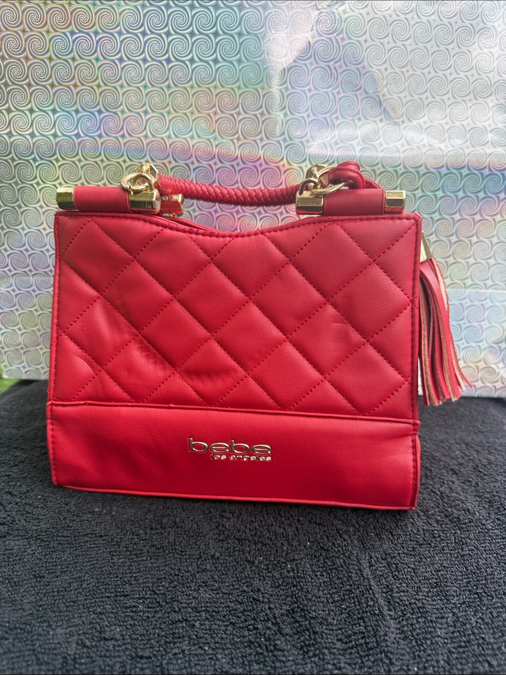 bebe Red Quilted Top-Handle Satchel with Tassel